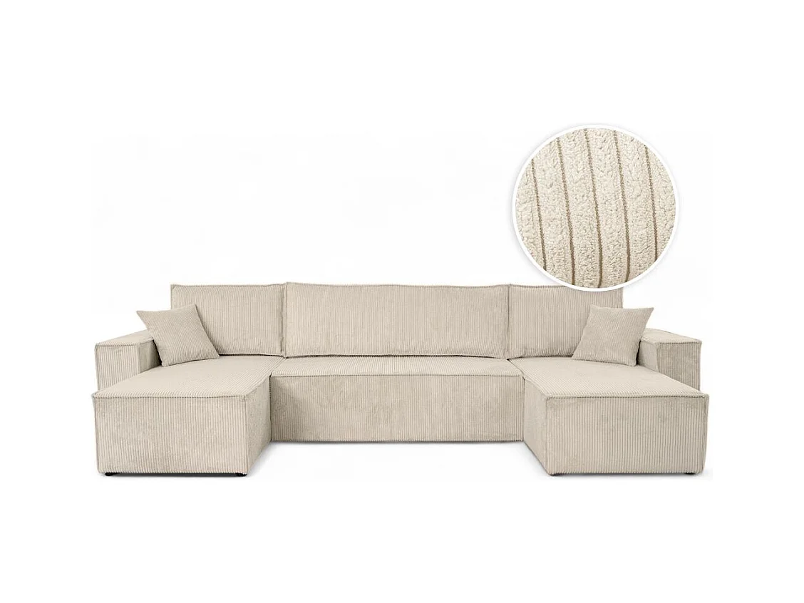 Canapé d'angle FARAH panoramique convertible 6 places en velours cotelé - Beige