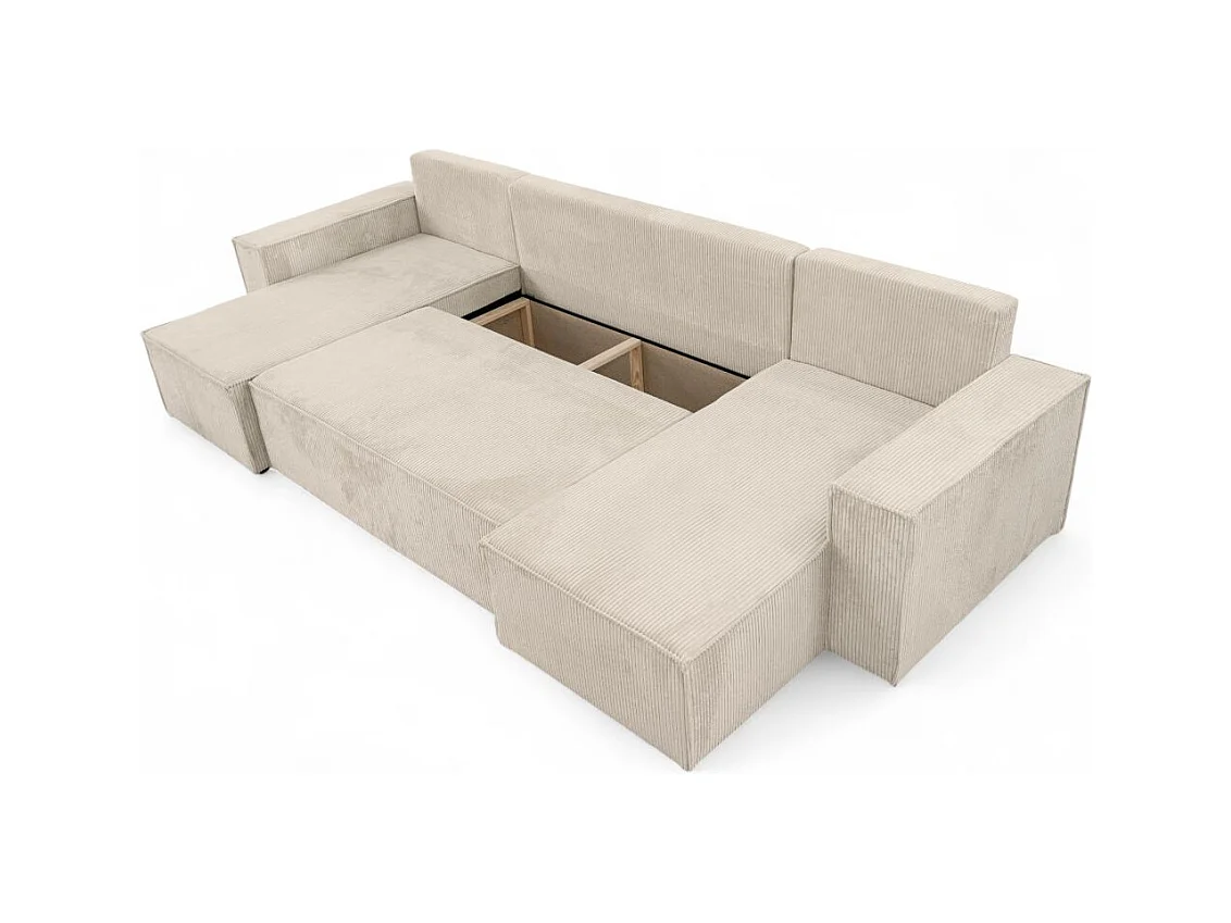 Canapé d'angle FARAH panoramique convertible 6 places en velours cotelé - Beige