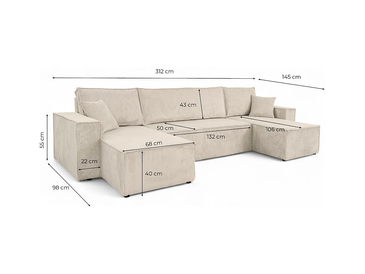 Canapé d'angle FARAH panoramique convertible 6 places en velours cotelé - Beige