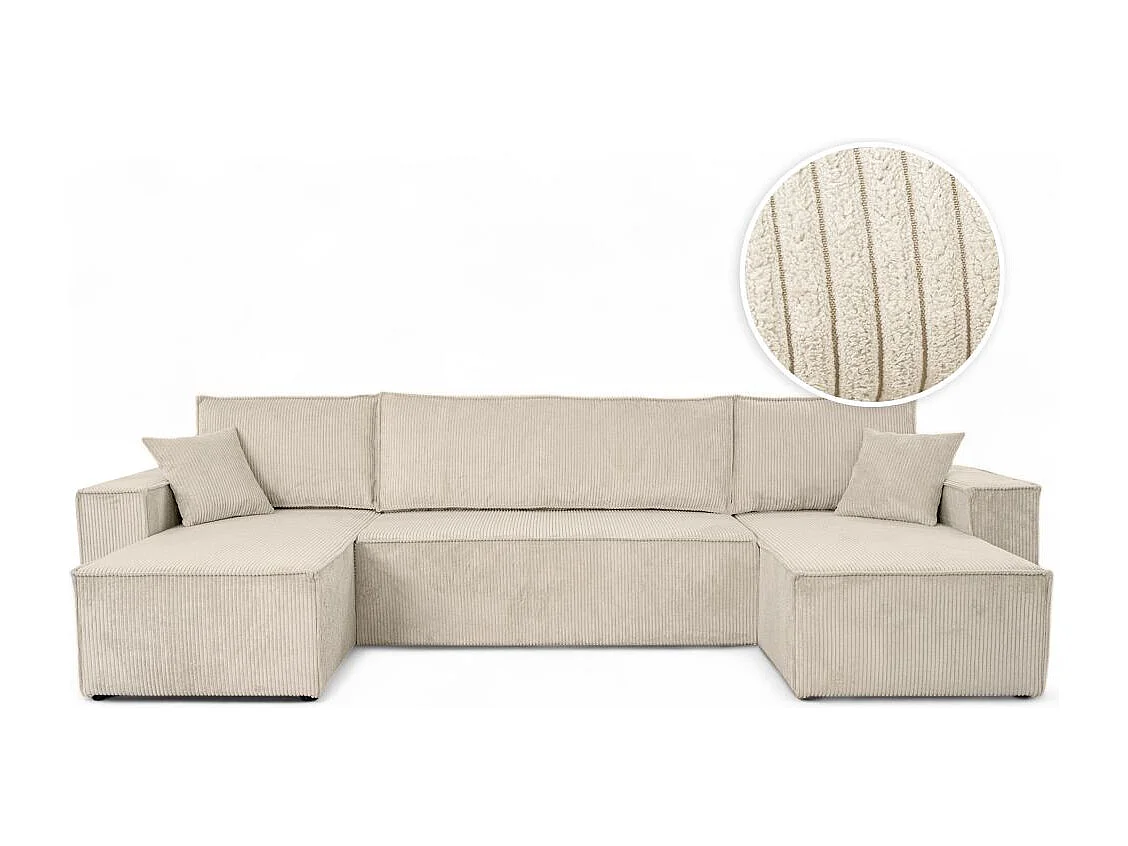 Canapé d'angle FARAH panoramique convertible 6 places en velours cotelé - Beige