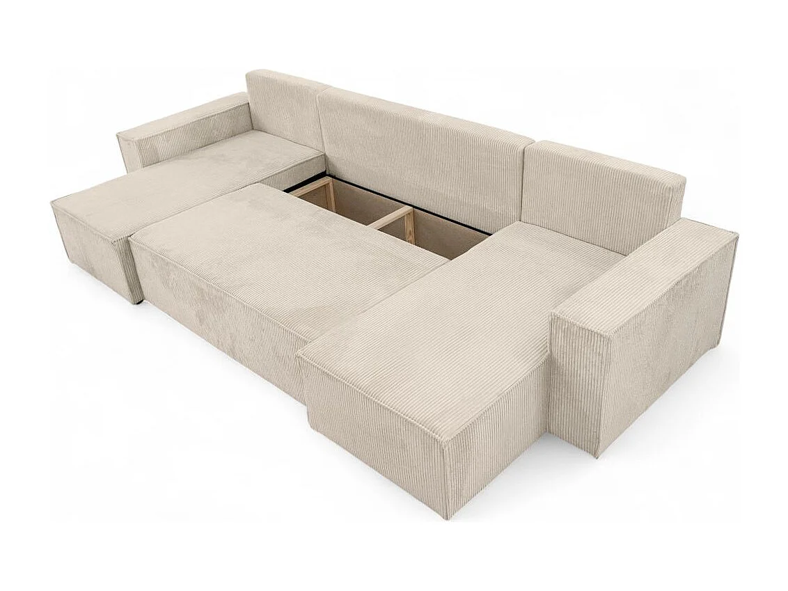 Canapé d'angle FARAH panoramique convertible 6 places en velours cotelé - Beige