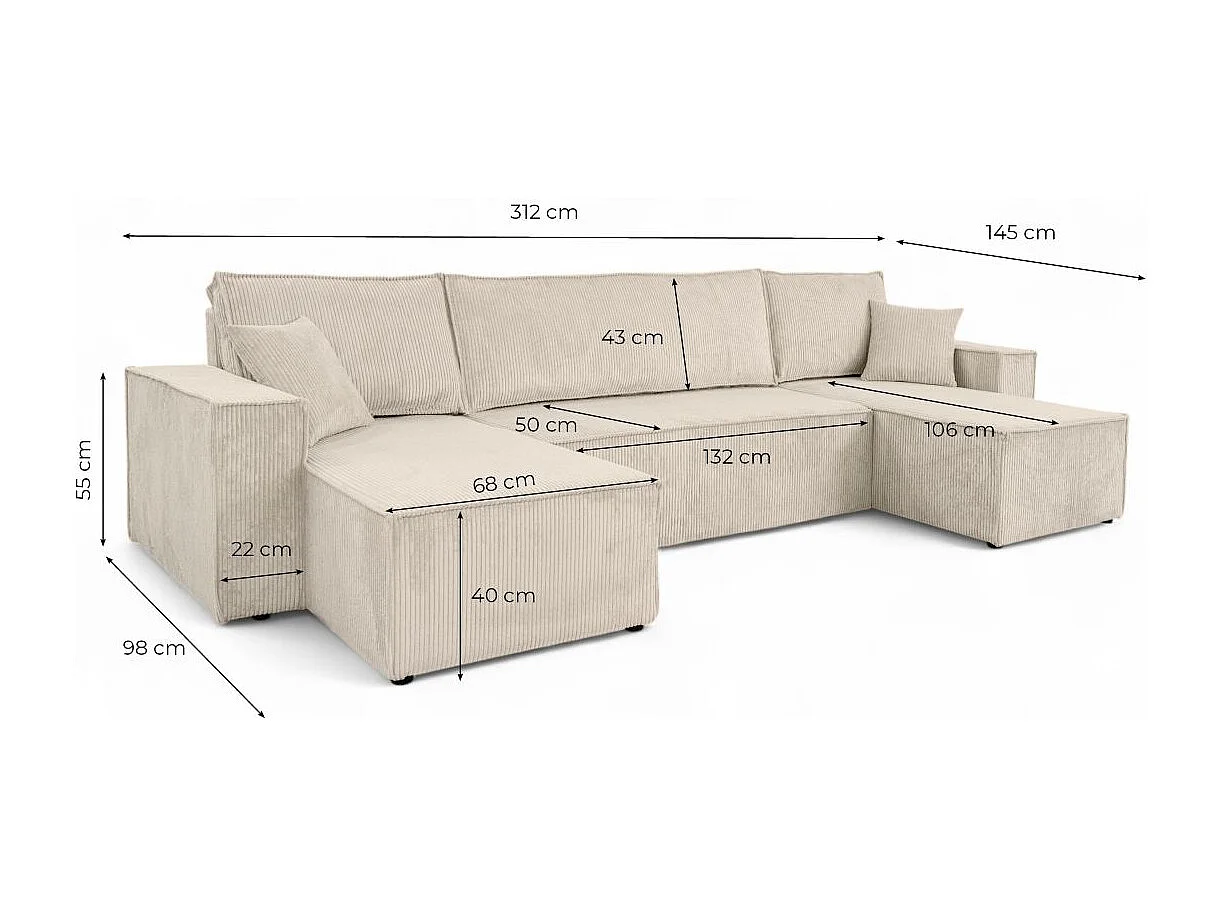 Canapé d'angle FARAH panoramique convertible 6 places en velours cotelé - Beige