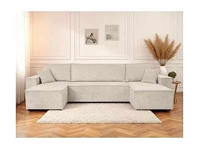 Canapé d'angle panoramique convertible 6 places en velours côtelé beige