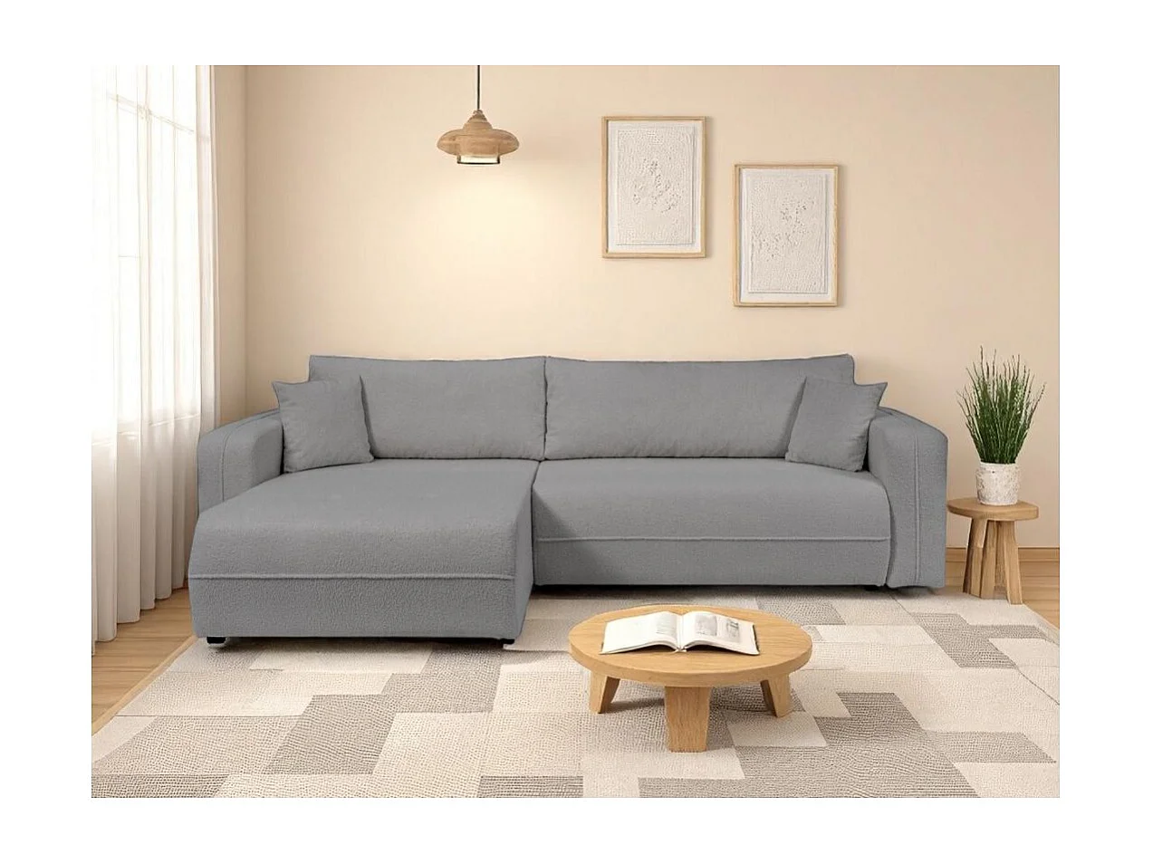 Canapé d'angle LEILA convertible et réversible 3 places en tissu bouclette - Gris