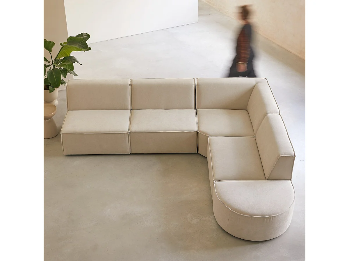 Canapé d'angle modulable Dario 5-6 places en tissu beige