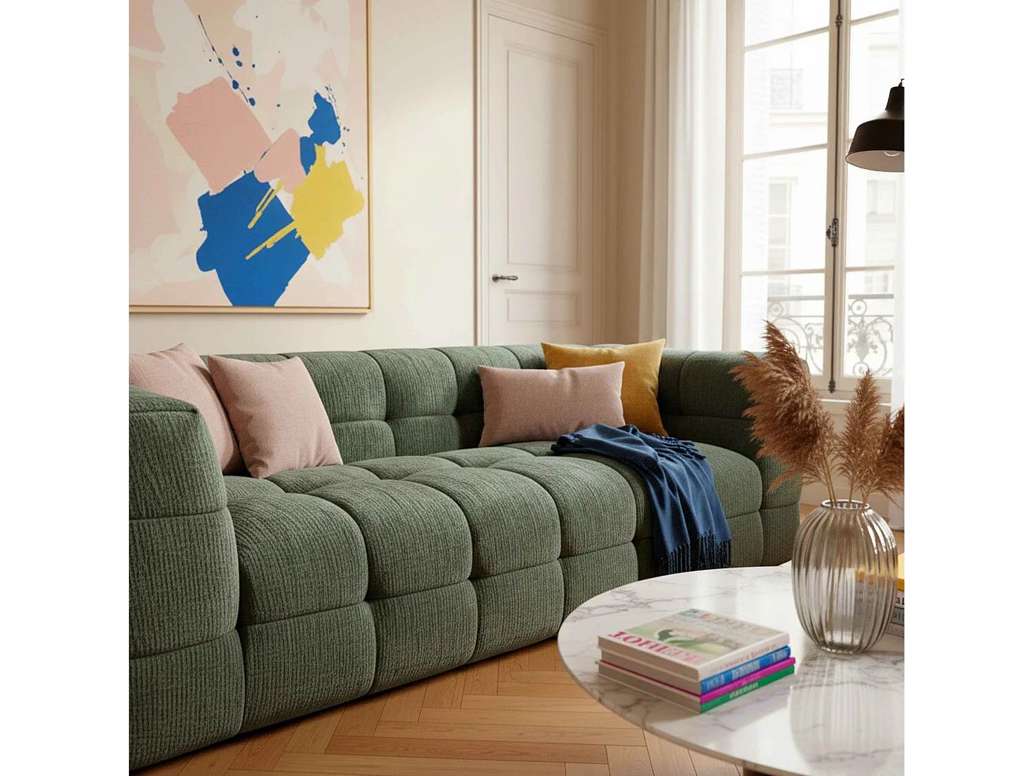 Canapé 3 places en bois et polyester vert L 228 cm