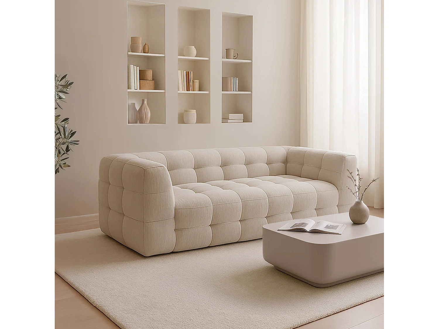 Canapé 3 places en bois et polyester écru L 228 cm