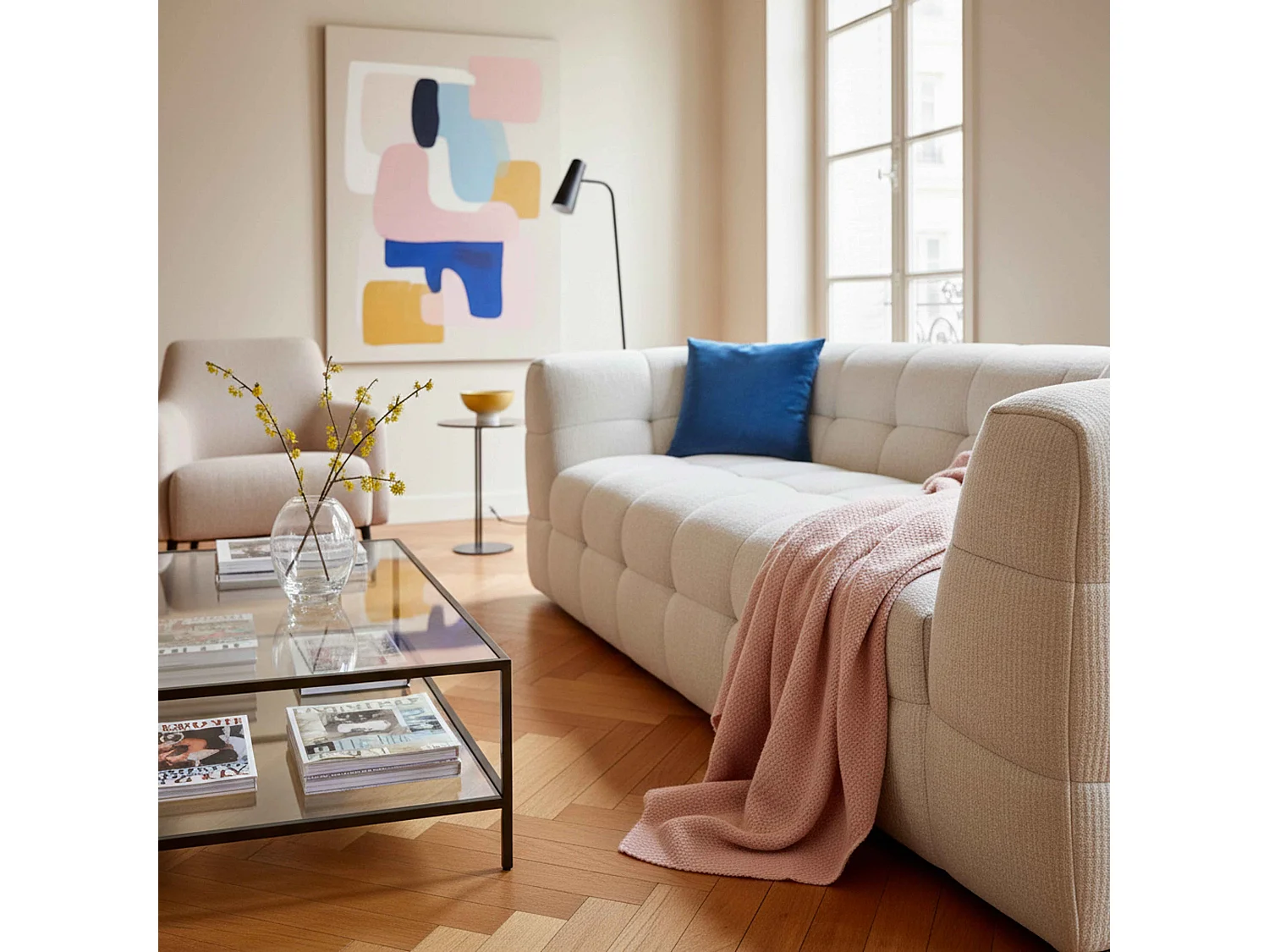 Canapé 3 places en bois et polyester écru L 228 cm