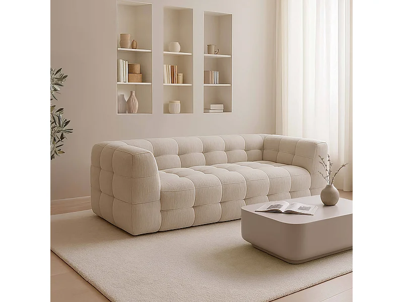 3-zitsbank in hout en ecru mat polyester effect L 228 cm