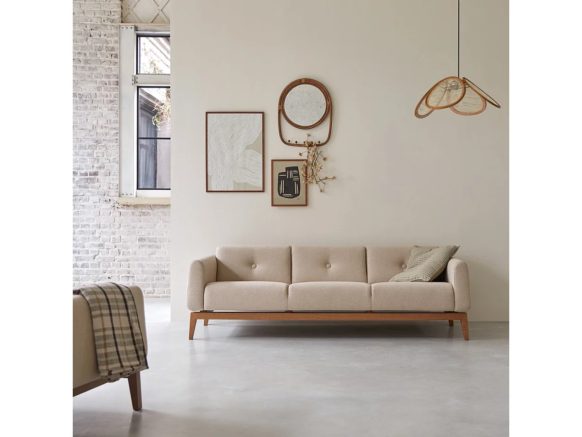 3-Sitzer-Sofa Bjorn aus massiver Eiche und Ecru-Wolle ,3-Sitzer