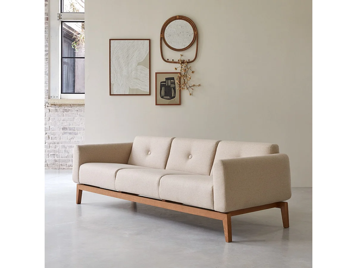 3-Sitzer-Sofa Bjorn aus massiver Eiche und Ecru-Wolle ,3-Sitzer