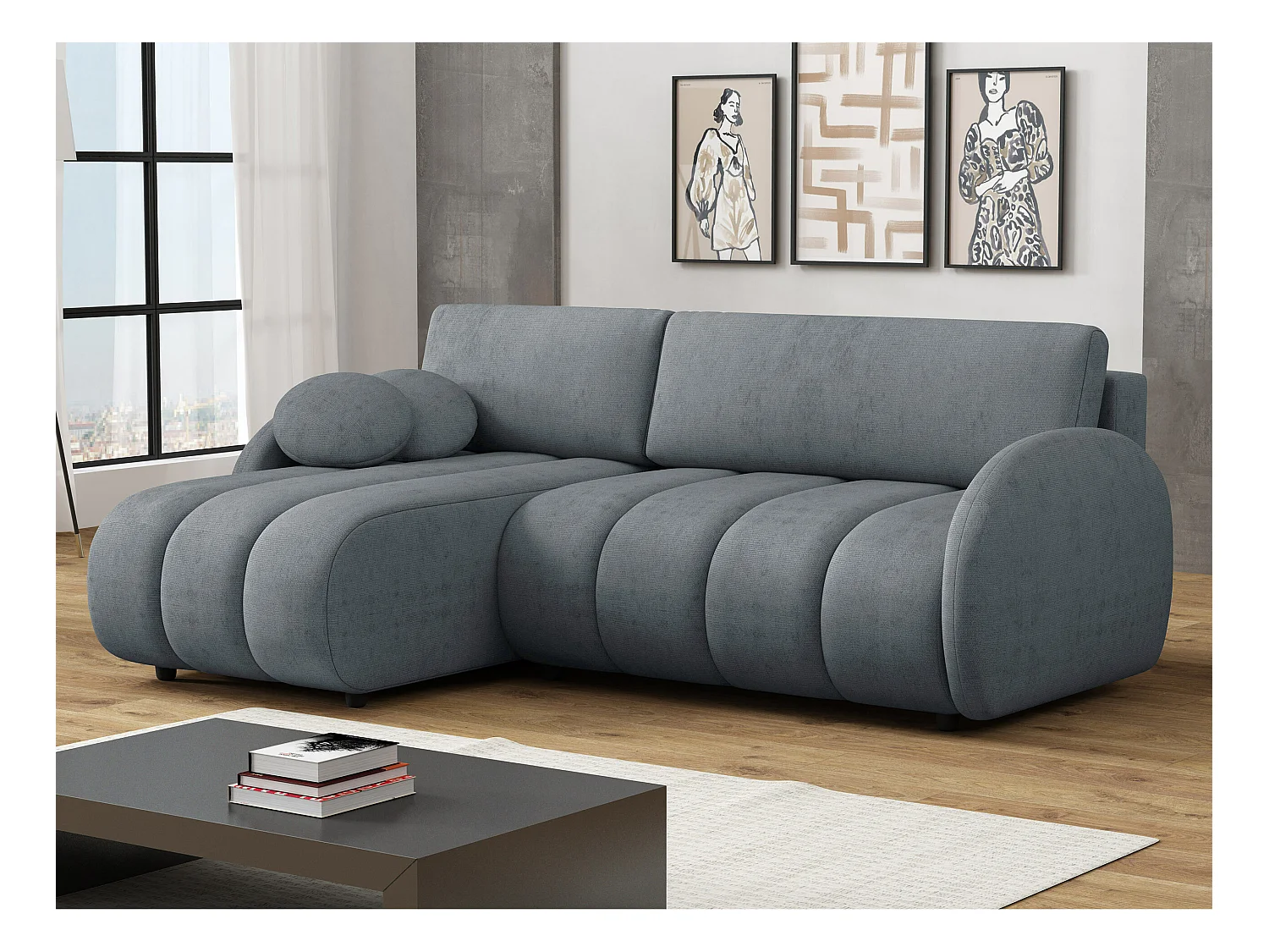 Sofá rinconero Columbus 247, Gris, Función de descanso, Almacenaje, 233x160x88cm