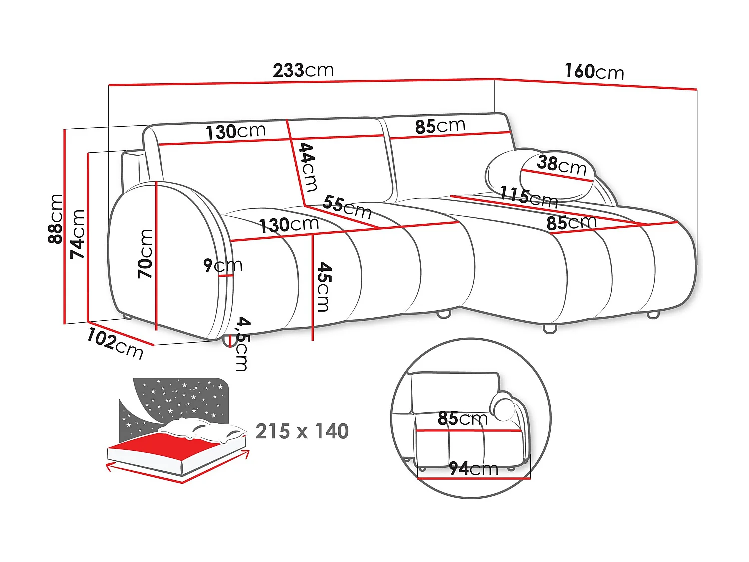 Sofá rinconero Columbus 247, Gris, Función de descanso, Almacenaje, 233x160x88cm
