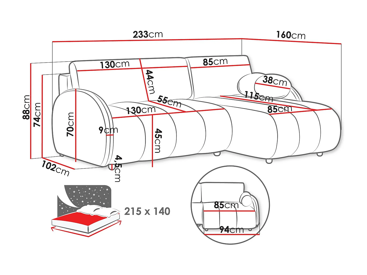 Canapé d'angle Columbus 247, Brun clair, Disponible, 233x160x88cm