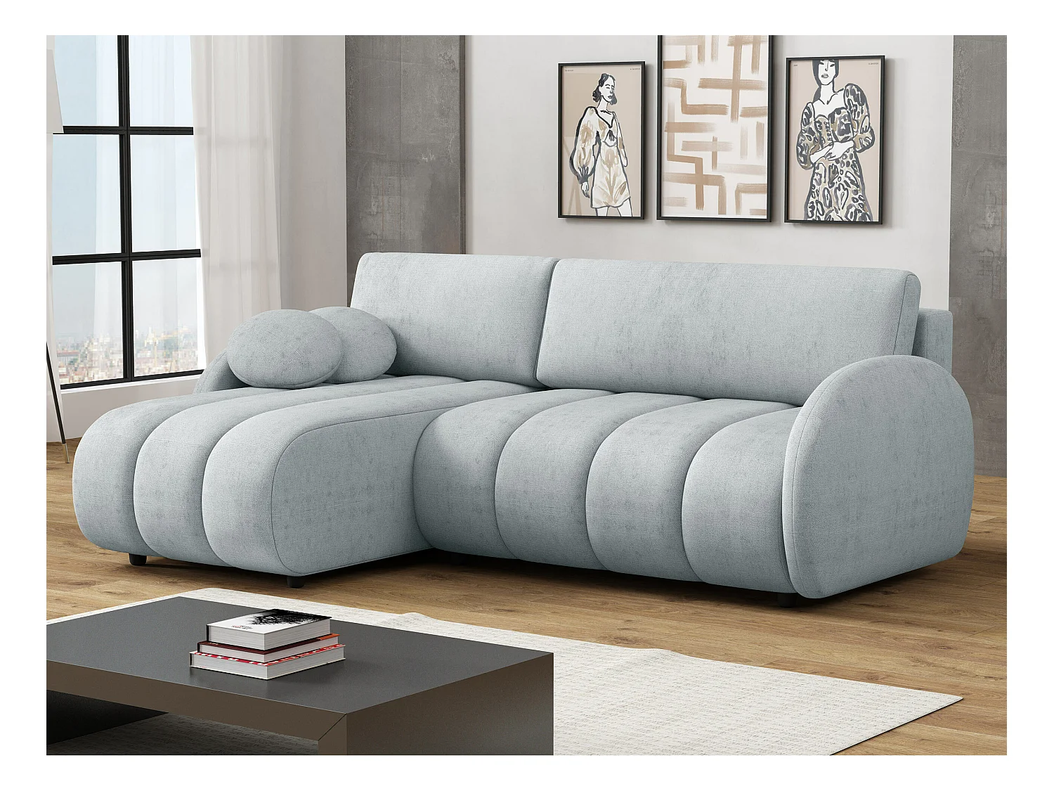 Sofá rinconero Columbus 247, Azul, Función de descanso, Almacenaje, 233x160x88cm