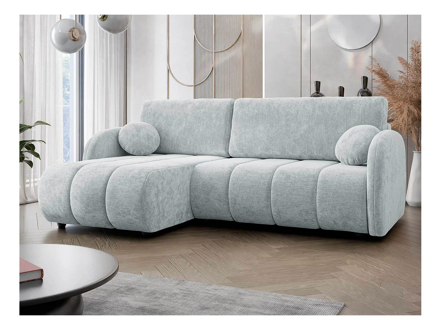 Canapé d'angle Columbus 247, Bleu, Fonction de couchage, Boîte de literie, 233x160x88cm