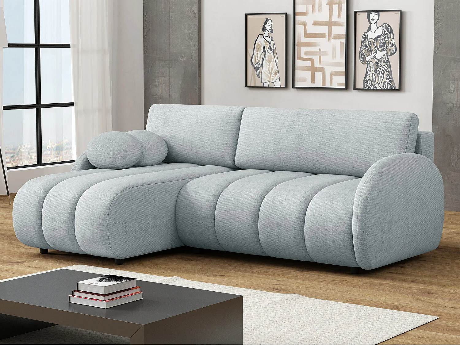 Sofá rinconero Columbus 247, Azul, Función de descanso, Almacenaje, 233x160x88cm