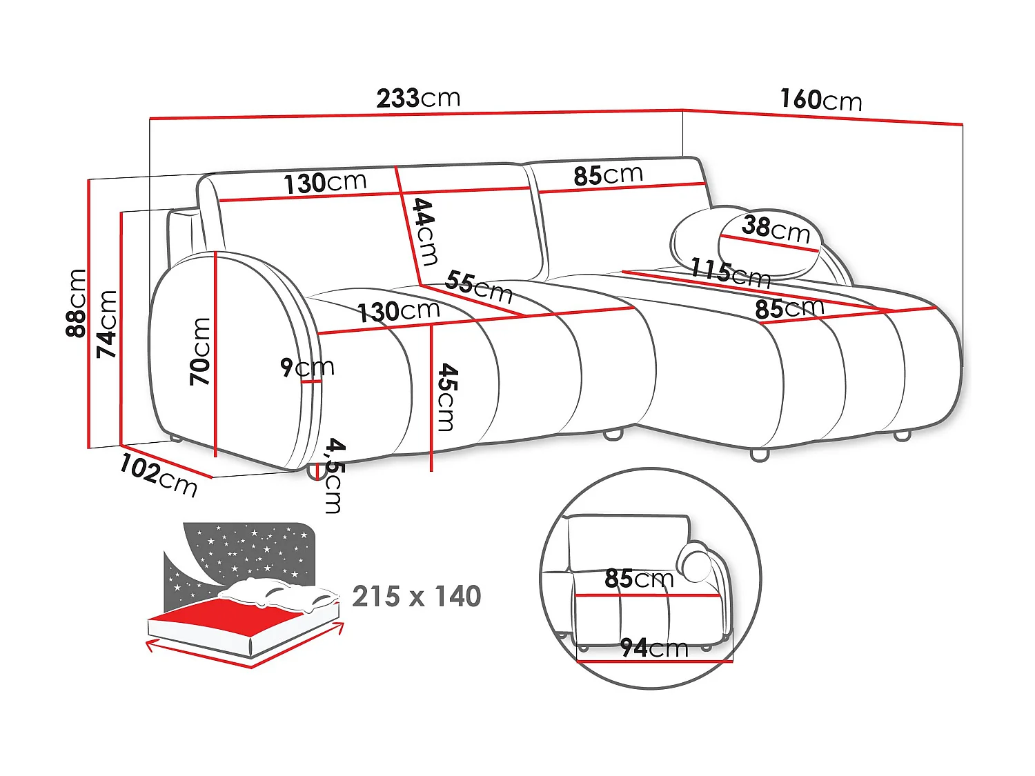 Sofá rinconero Columbus 247, Azul, Función de descanso, Almacenaje, 233x160x88cm