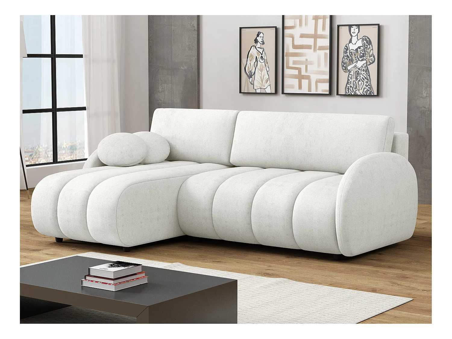 Canapé d'angle Columbus 247, Blanc, Fonction de couchage, Boîte de literie, 233x160x88cm