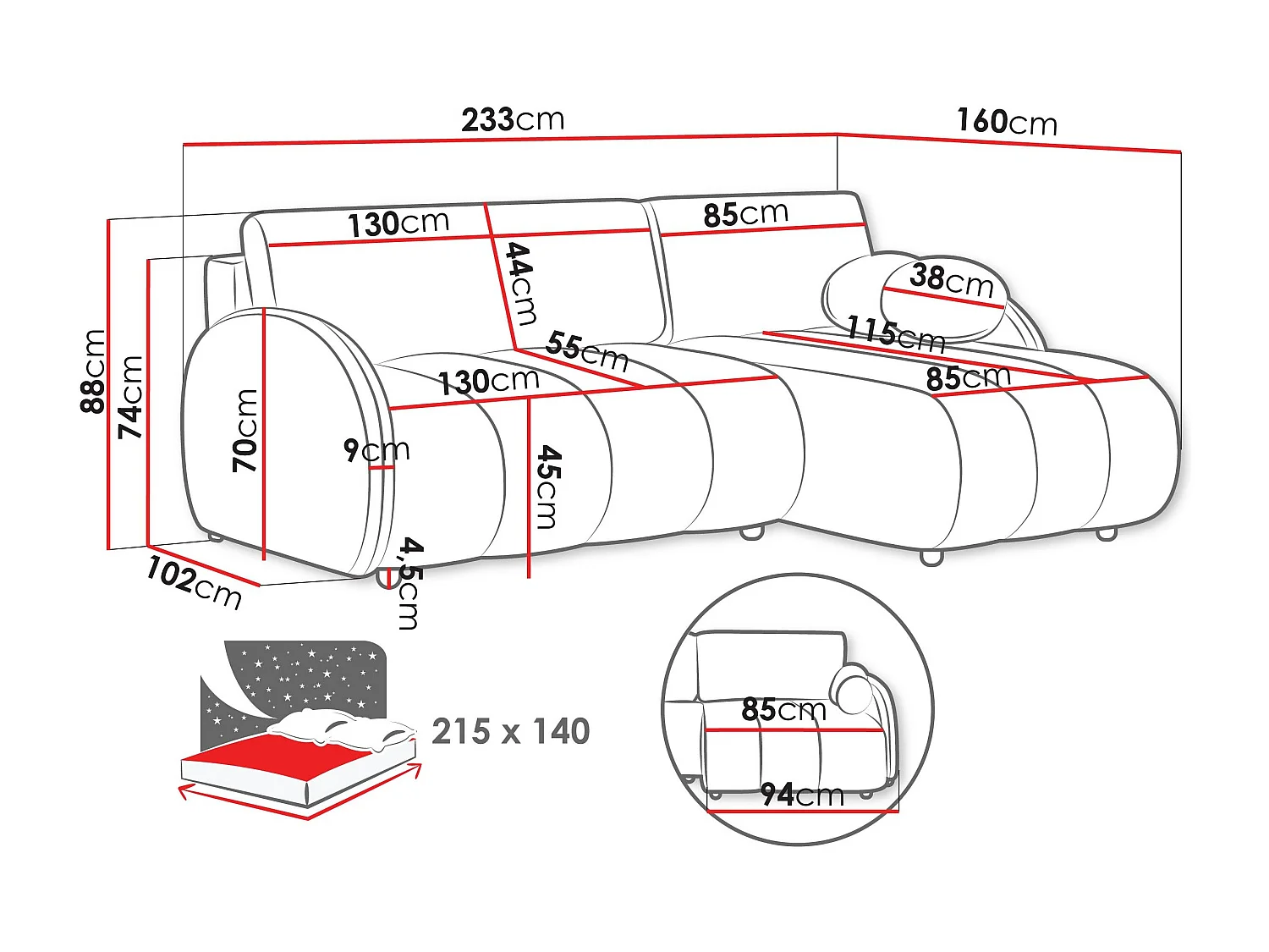 Sofá rinconero Columbus 247, Blanco, Función de descanso, Almacenaje, 233x160x88cm