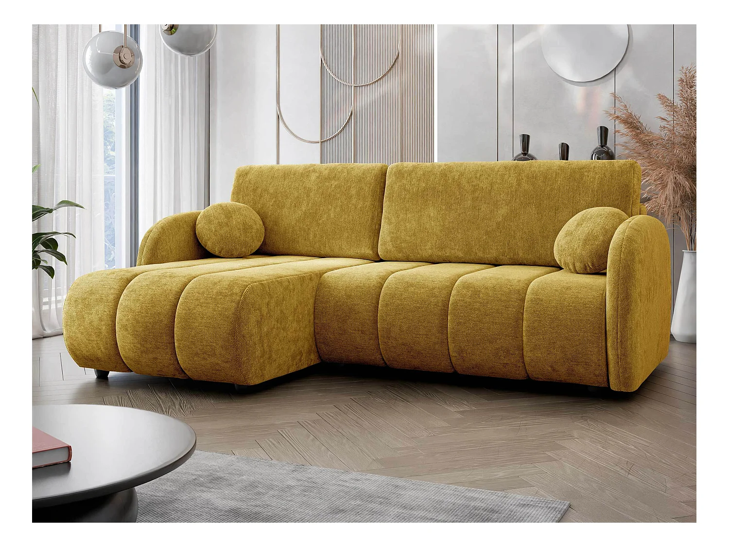 Sofá rinconero Columbus 247, Amarillo, Función de descanso, Almacenaje, 233x160x88cm