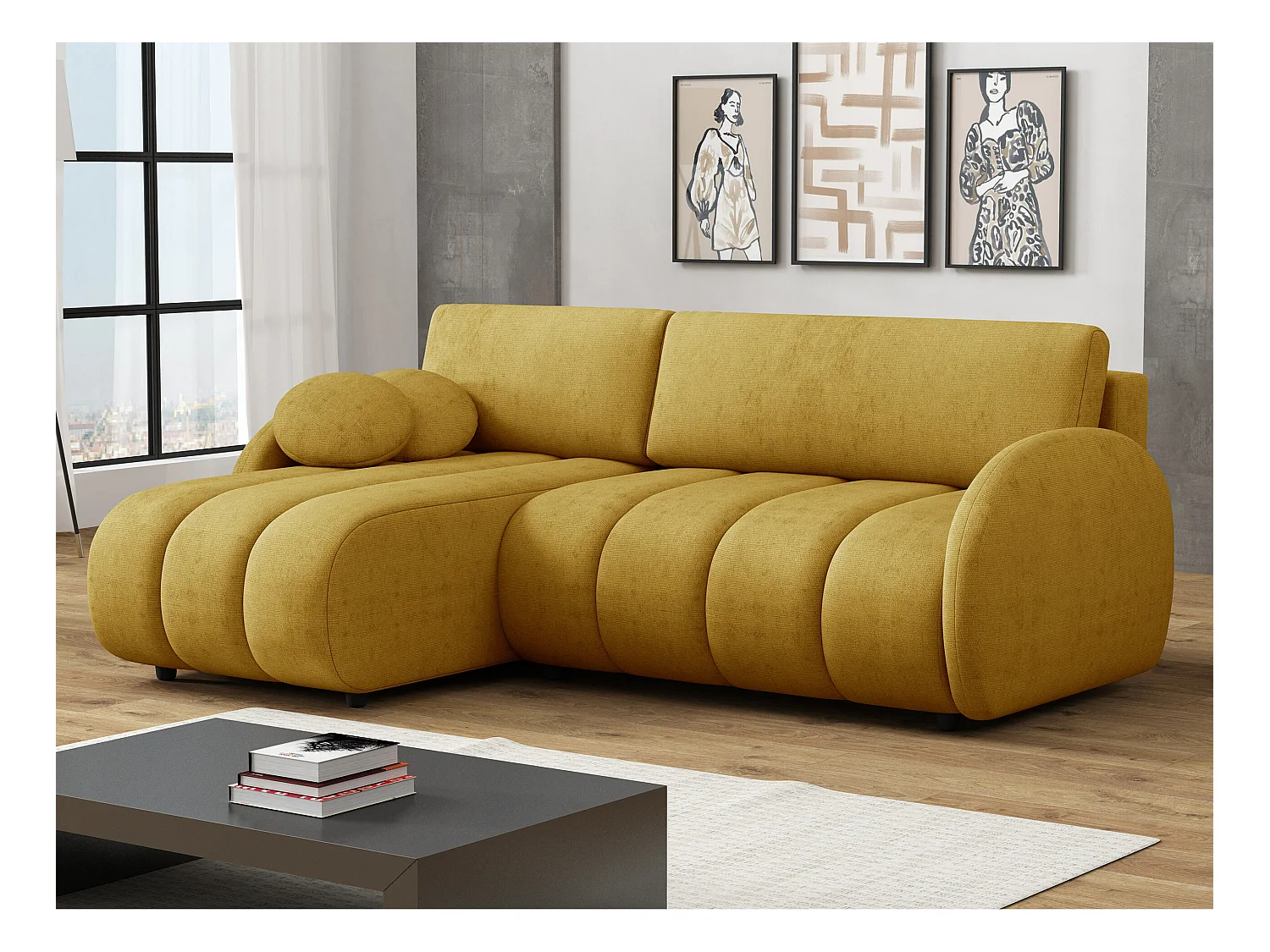 Sofá rinconero Columbus 247, Amarillo, Función de descanso, Almacenaje, 233x160x88cm