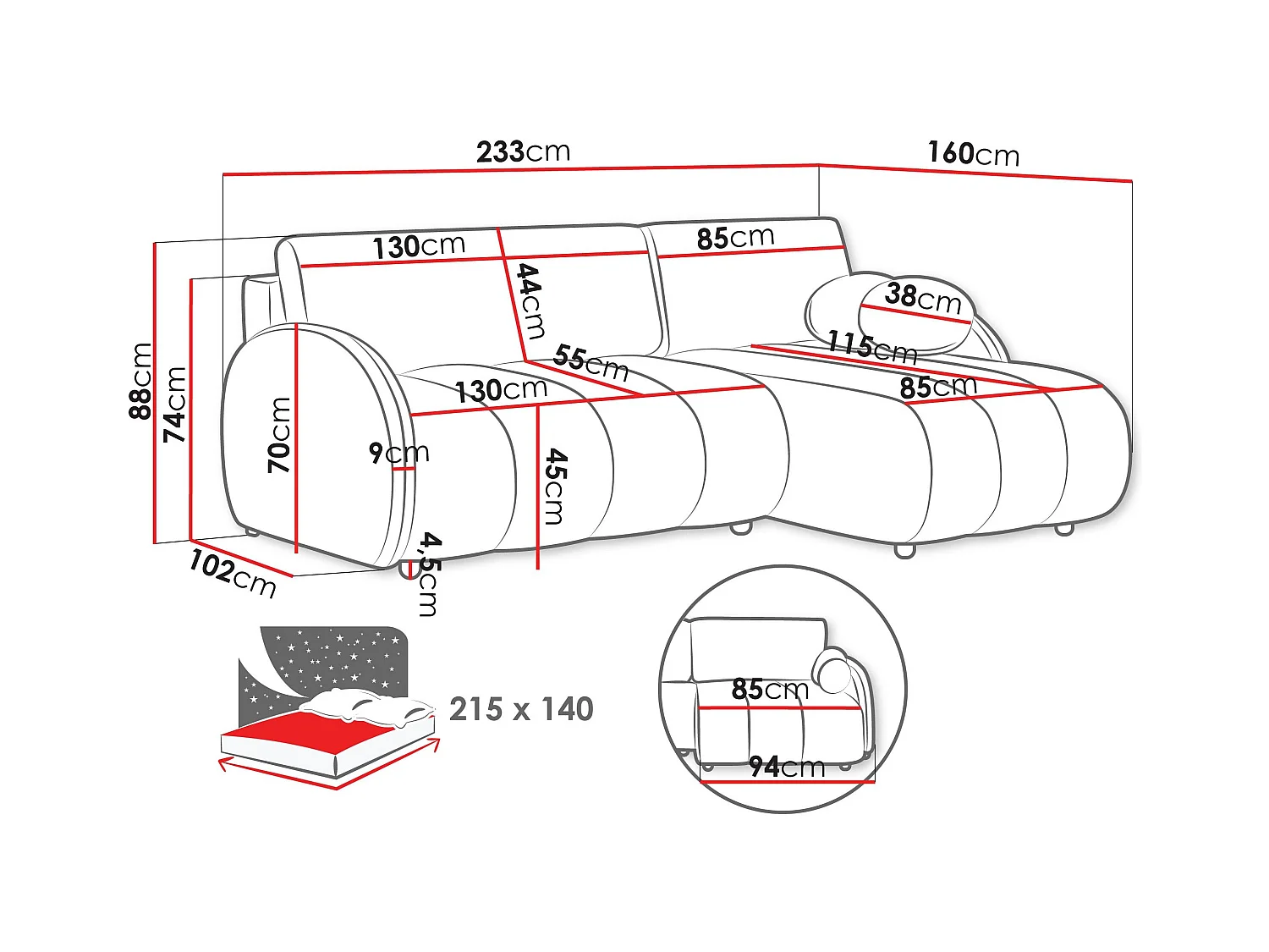 Sofá rinconero Columbus 247, Amarillo, Función de descanso, Almacenaje, 233x160x88cm