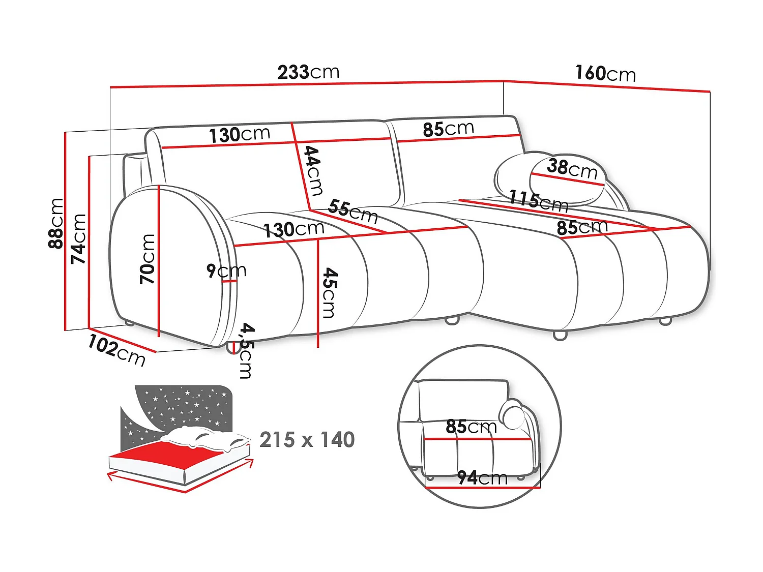 Sofá rinconero Columbus 247, Amarillo, Función de descanso, Almacenaje, 233x160x88cm