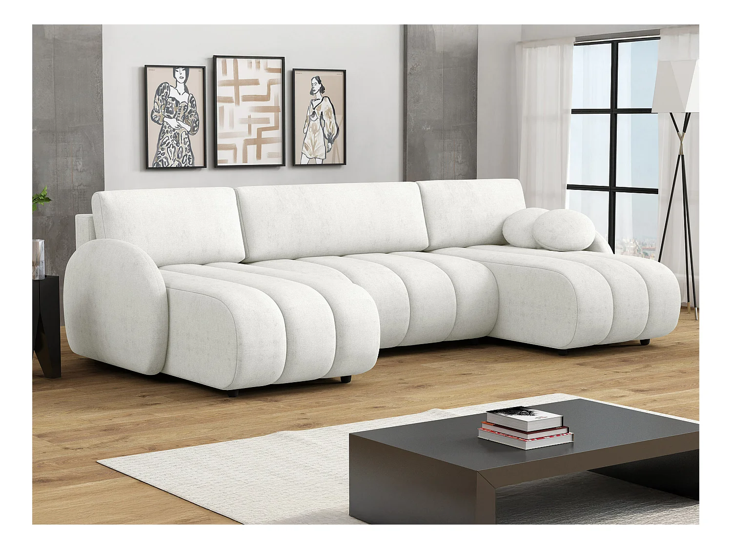 Canapé d'angle Columbus 248, Blanc, Fonction de couchage, Boîte de literie, 318x160x88cm