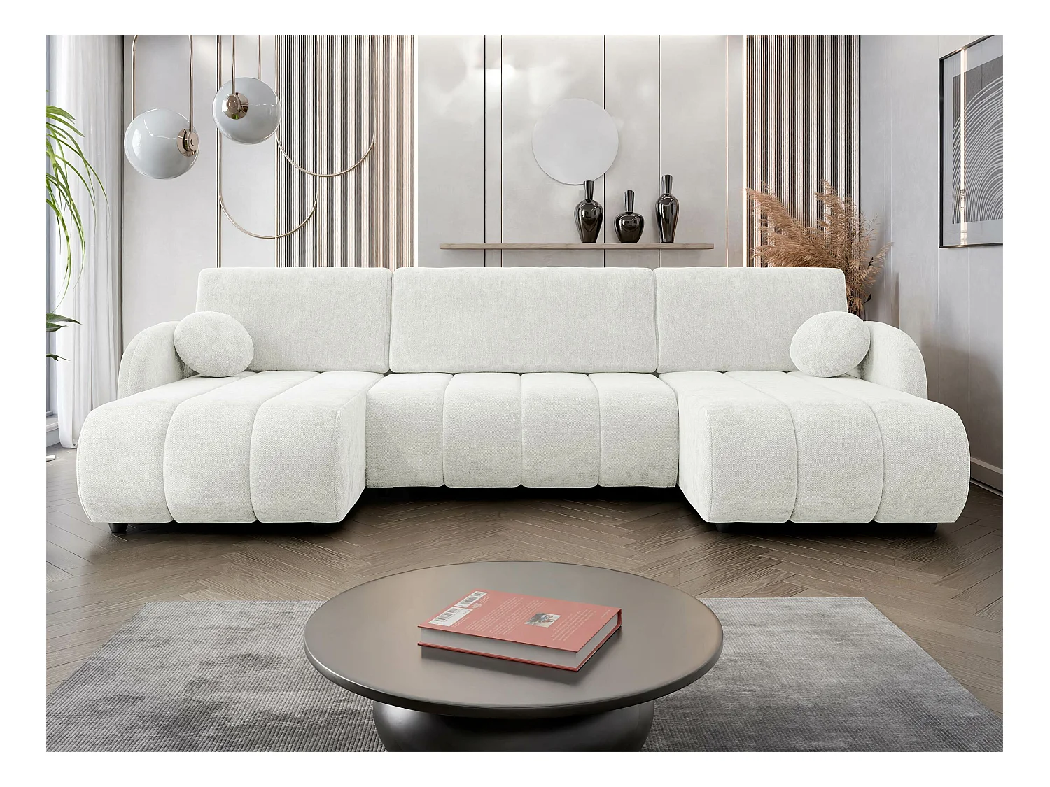 Canapé d'angle Columbus 248, Blanc, Fonction de couchage, Boîte de literie, 318x160x88cm