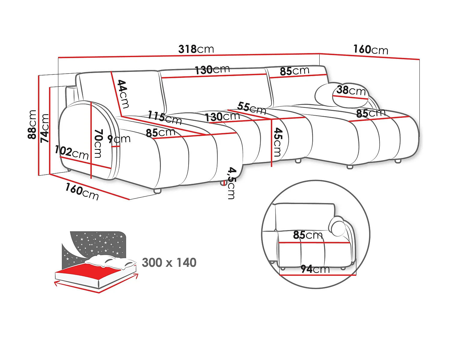 Canapé d'angle Columbus 248, Blanc, Disponible, 318x160x88cm