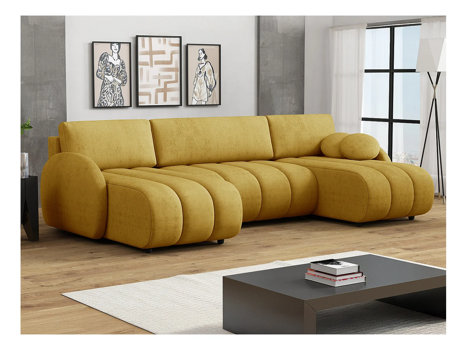 Sofá rinconero Columbus 248, Amarillo, Función de descanso, Almacenaje, 318x160x88cm