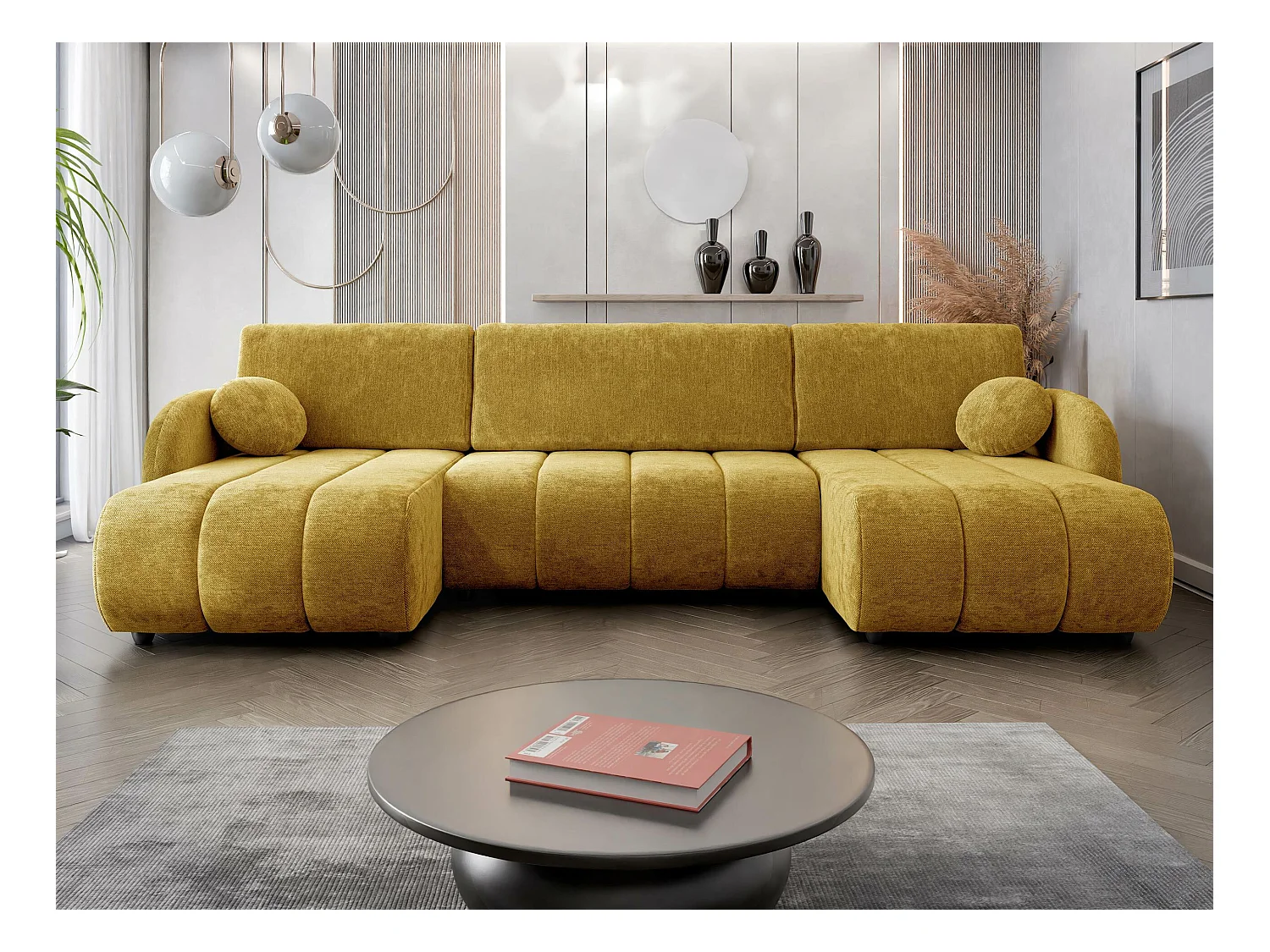 Sofá rinconero Columbus 248, Amarillo, Función de descanso, Almacenaje, 318x160x88cm