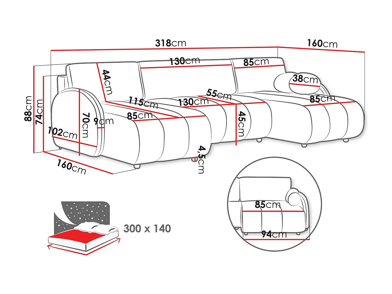 Sofá rinconero Columbus 248, Amarillo, Función de descanso, Almacenaje, 318x160x88cm