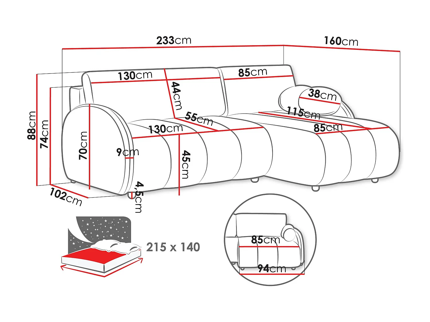 Sofá rinconero Columbus 247, Marrón, Función de descanso, Almacenaje, 233x160x88cm