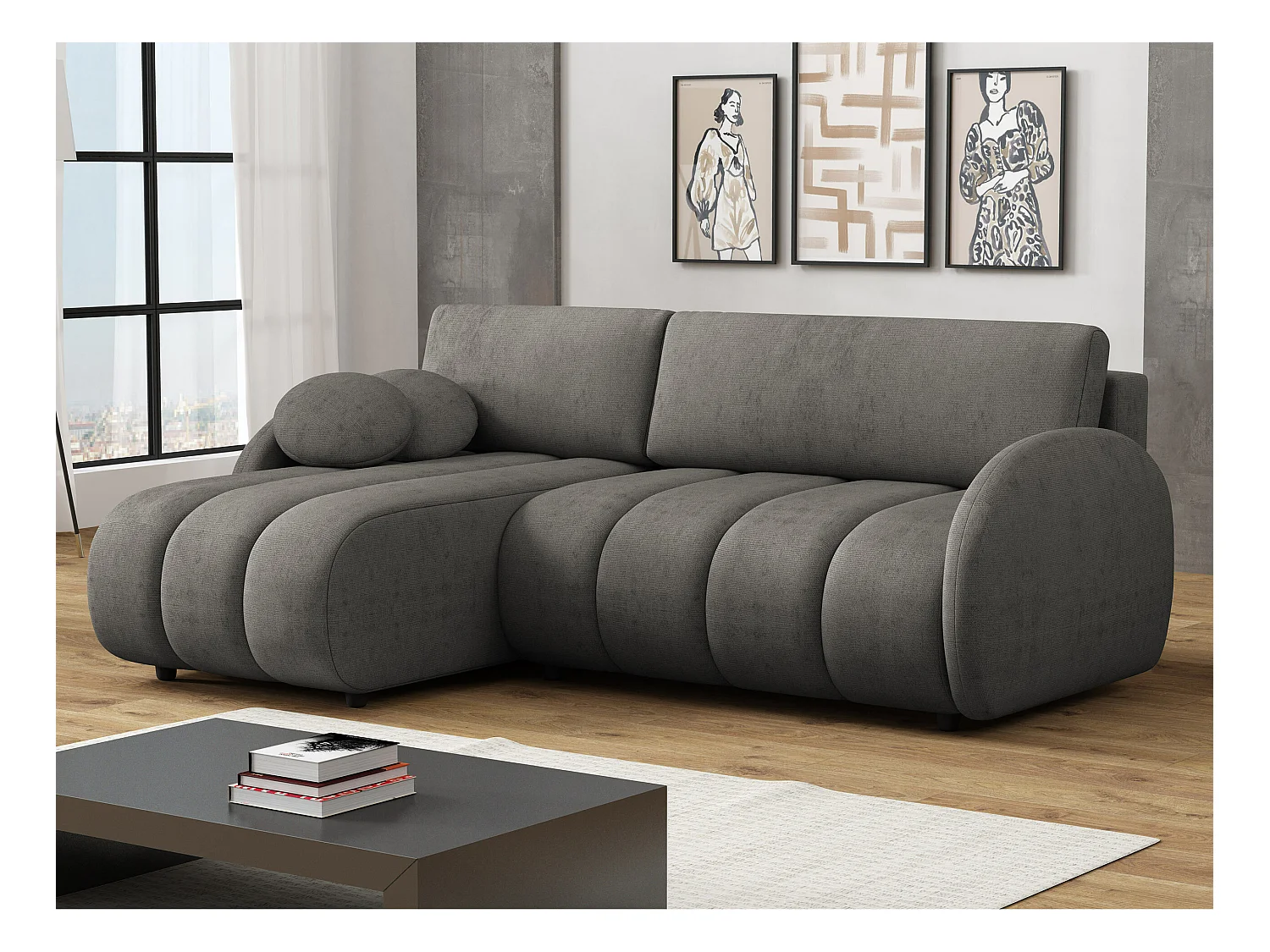 Sofá rinconero Columbus 247, Gris, Función de descanso, Almacenaje, 233x160x88cm