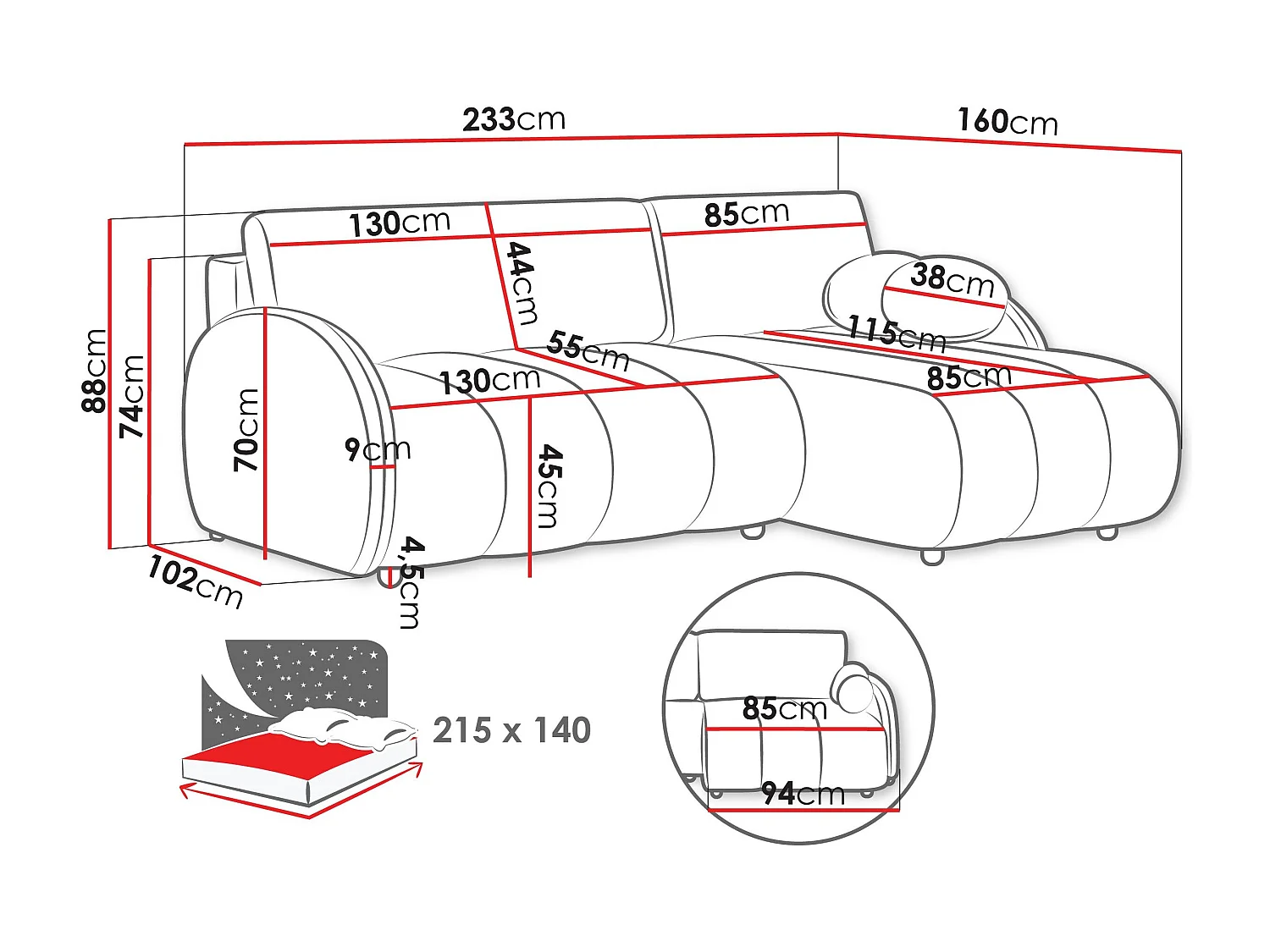 Sofá rinconero Columbus 247, Gris, Función de descanso, Almacenaje, 233x160x88cm