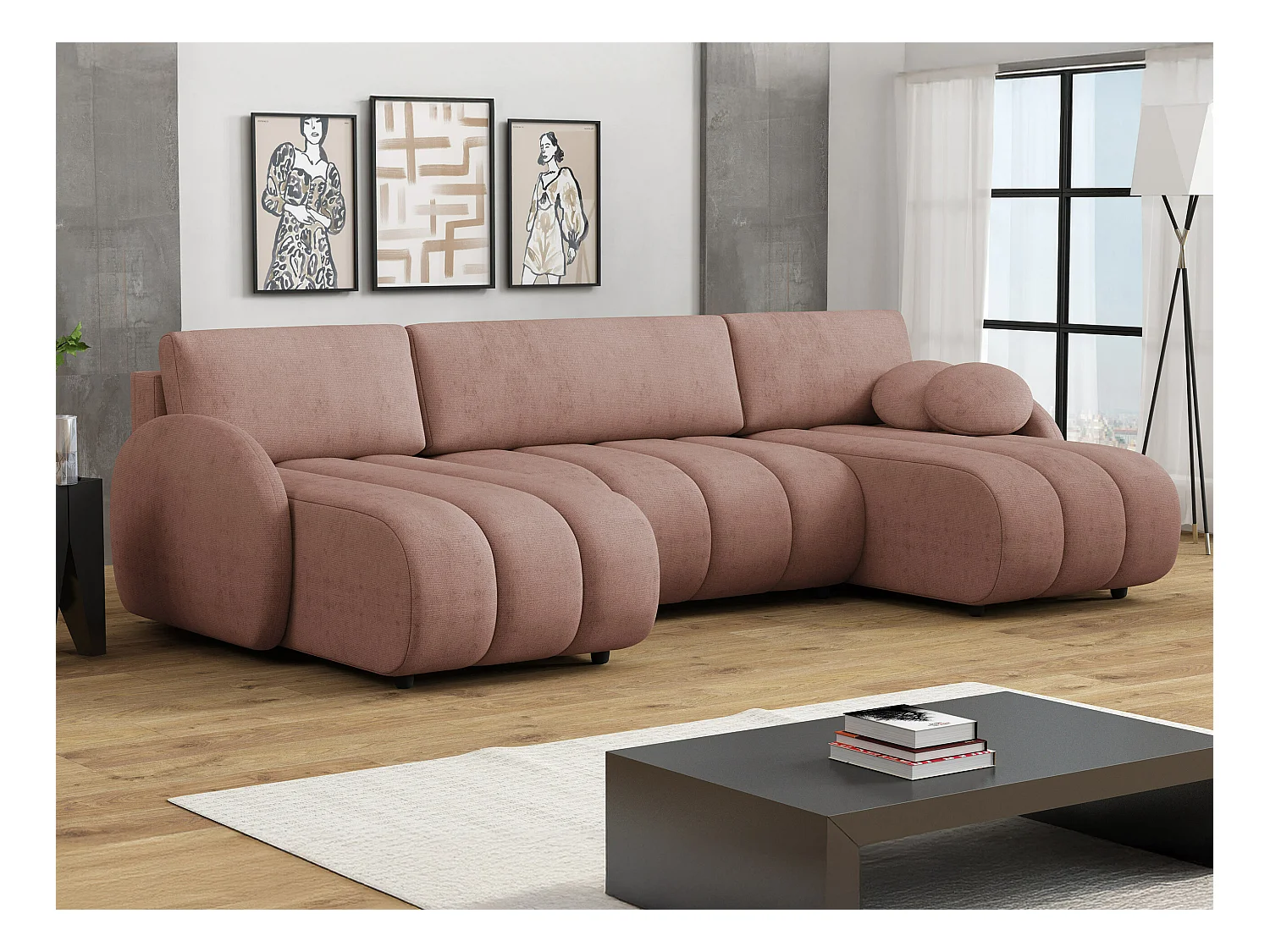 Sofá rinconero Columbus 248, Rosa, Función de descanso, Almacenaje, 318x160x88cm