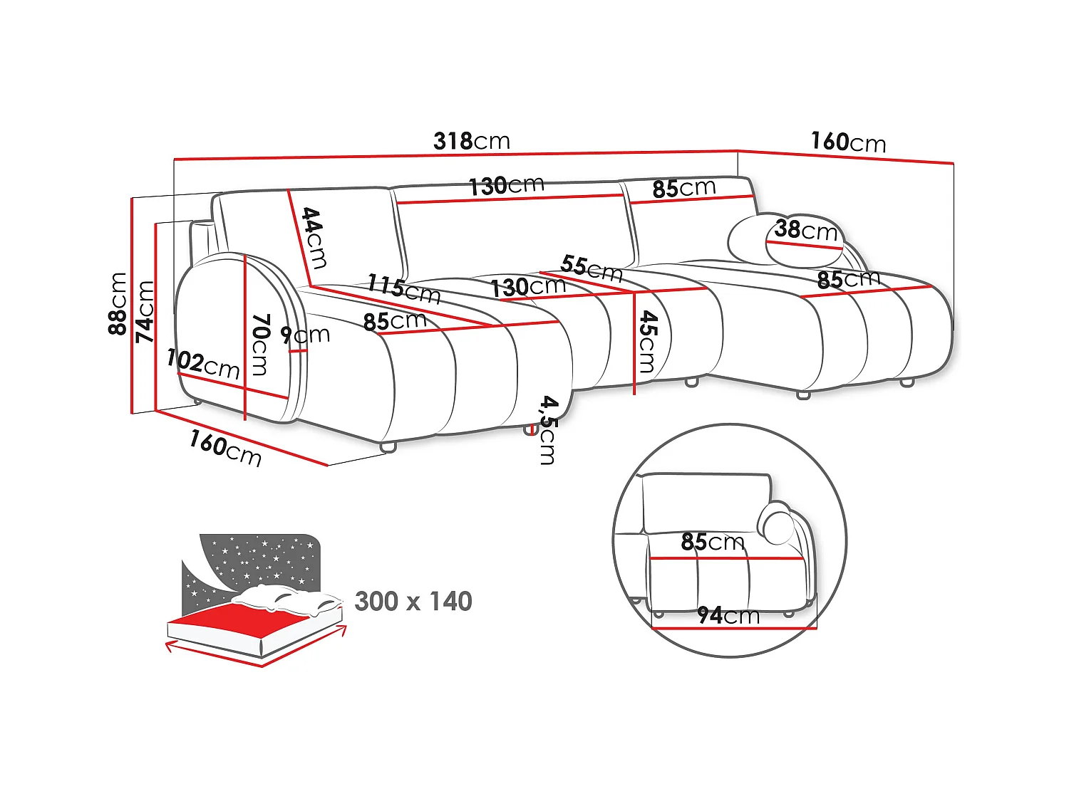 Sofá rinconero Columbus 248, Rosa, Función de descanso, Almacenaje, 318x160x88cm