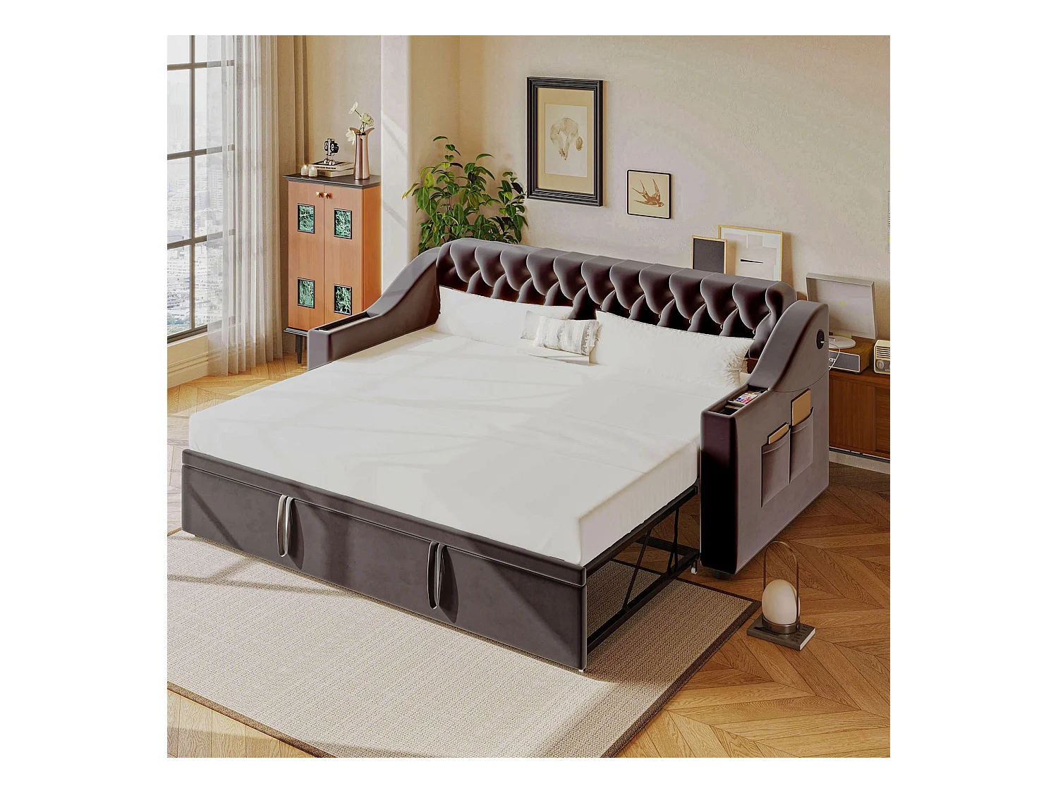 Ausziehsofa – 90/180 x 190 cm mit Kopfteil – 2 Taschen und USB-Ladefunktion – Samt – grau