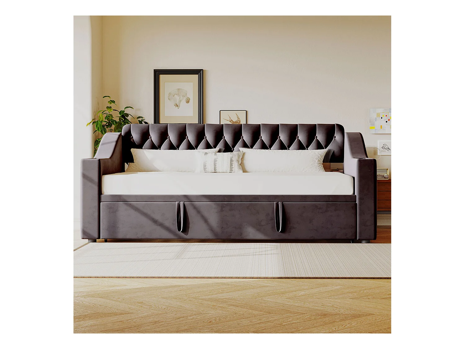 Ausziehsofa – 90/180 x 190 cm mit Kopfteil – 2 Taschen und USB-Ladefunktion – Samt – grau