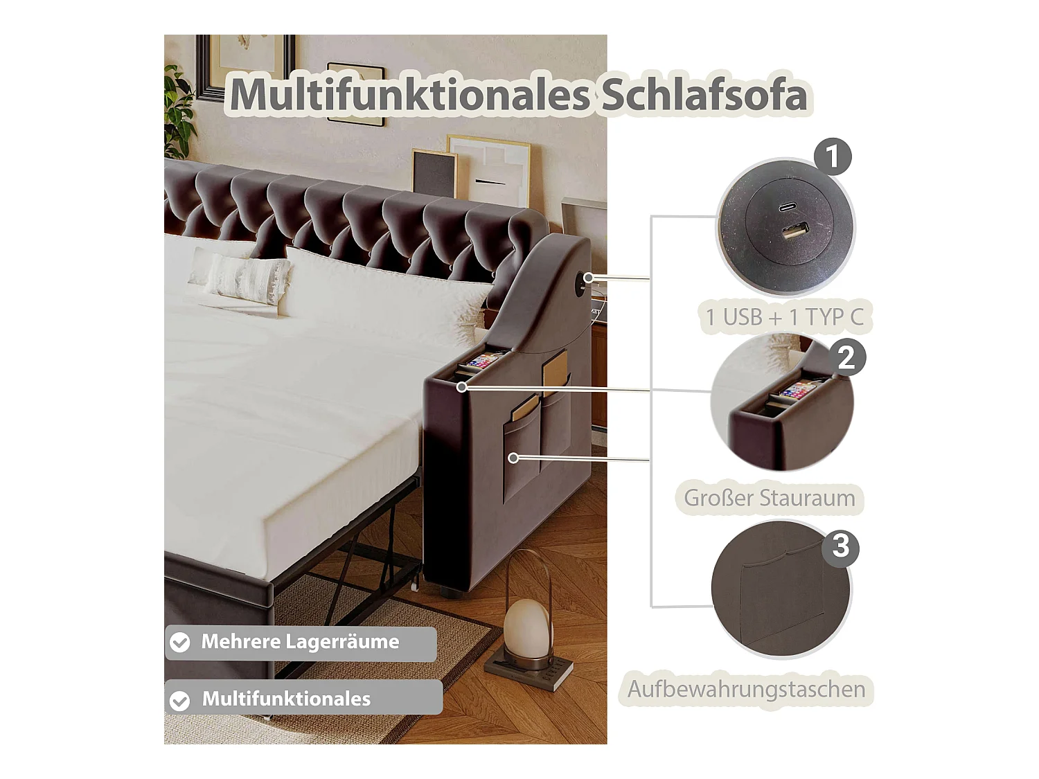 Ausziehsofa – 90/180 x 190 cm mit Kopfteil – 2 Taschen und USB-Ladefunktion – Samt – grau