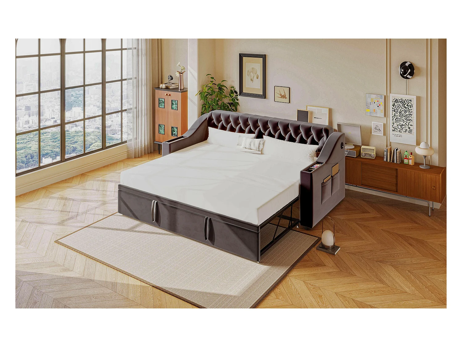 Ausziehsofa – 90/180 x 190 cm mit Kopfteil – 2 Taschen und USB-Ladefunktion – Samt – grau