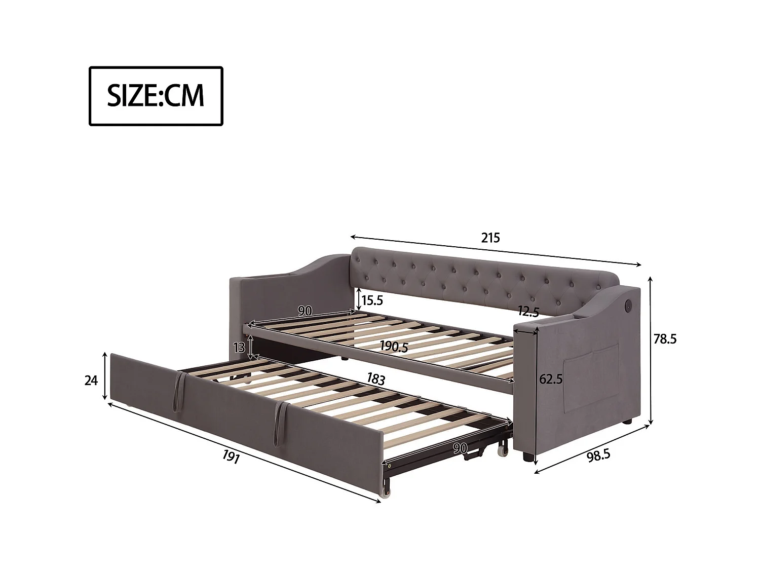 Ausziehsofa – 90/180 x 190 cm mit Kopfteil – 2 Taschen und USB-Ladefunktion – Samt – grau