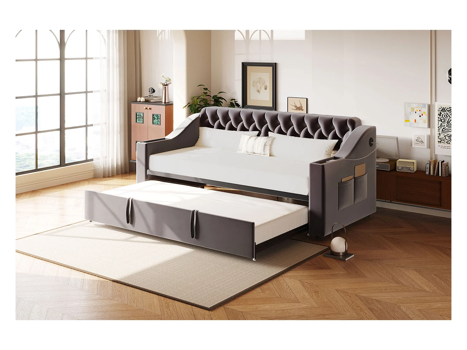 Ausziehsofa – 90/180 x 190 cm mit Kopfteil – 2 Taschen und USB-Ladefunktion – Samt – grau