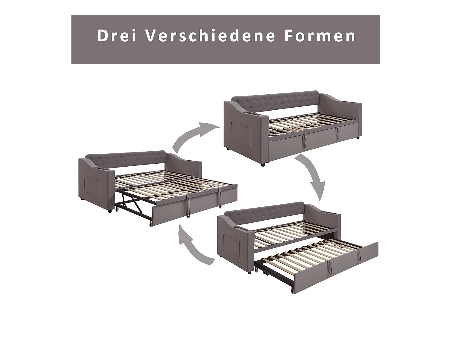 Ausziehsofa – 90/180 x 190 cm mit Kopfteil – 2 Taschen und USB-Ladefunktion – Samt – grau