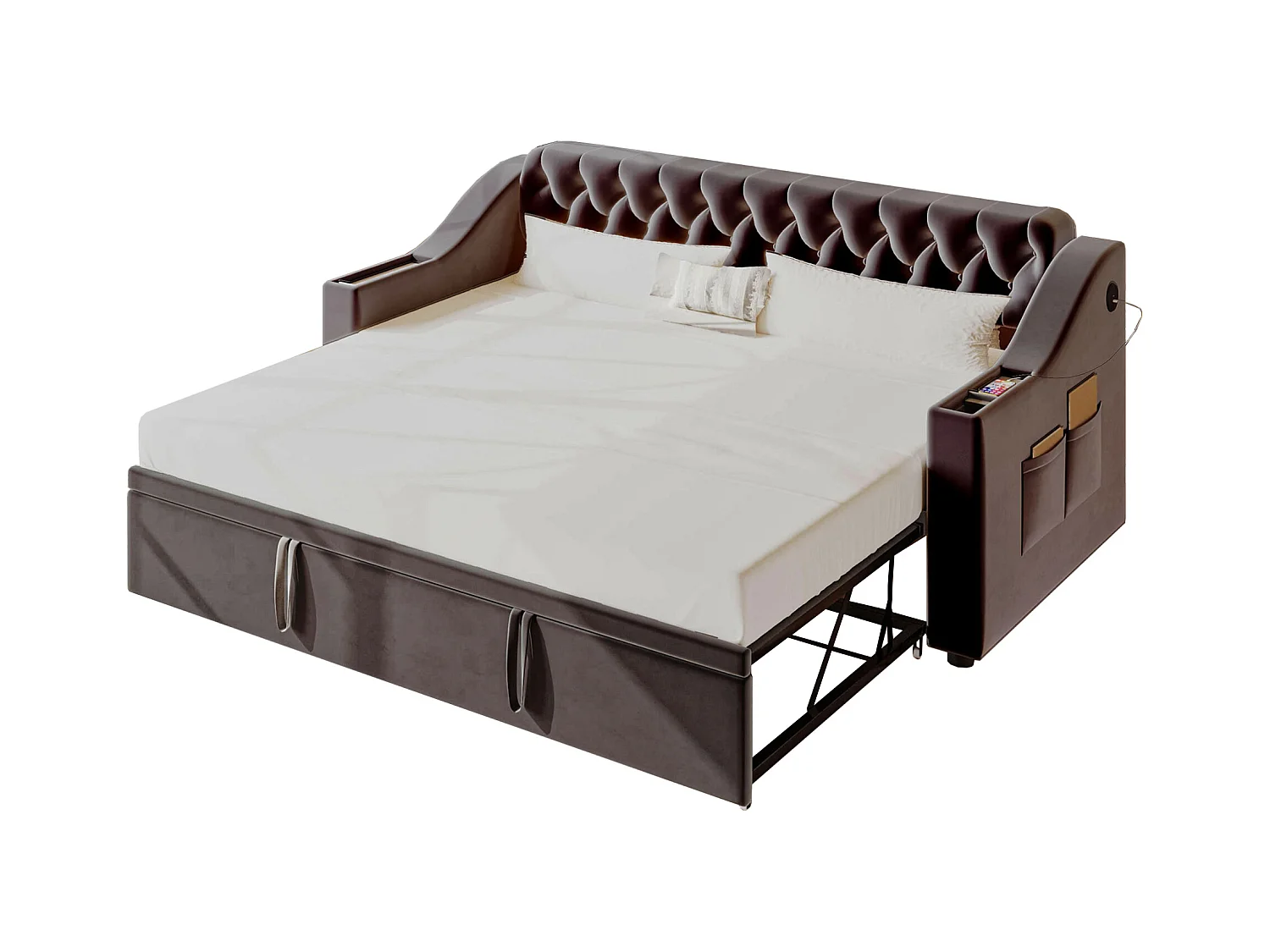 Ausziehsofa – 90/180 x 190 cm mit Kopfteil – 2 Taschen und USB-Ladefunktion – Samt – grau