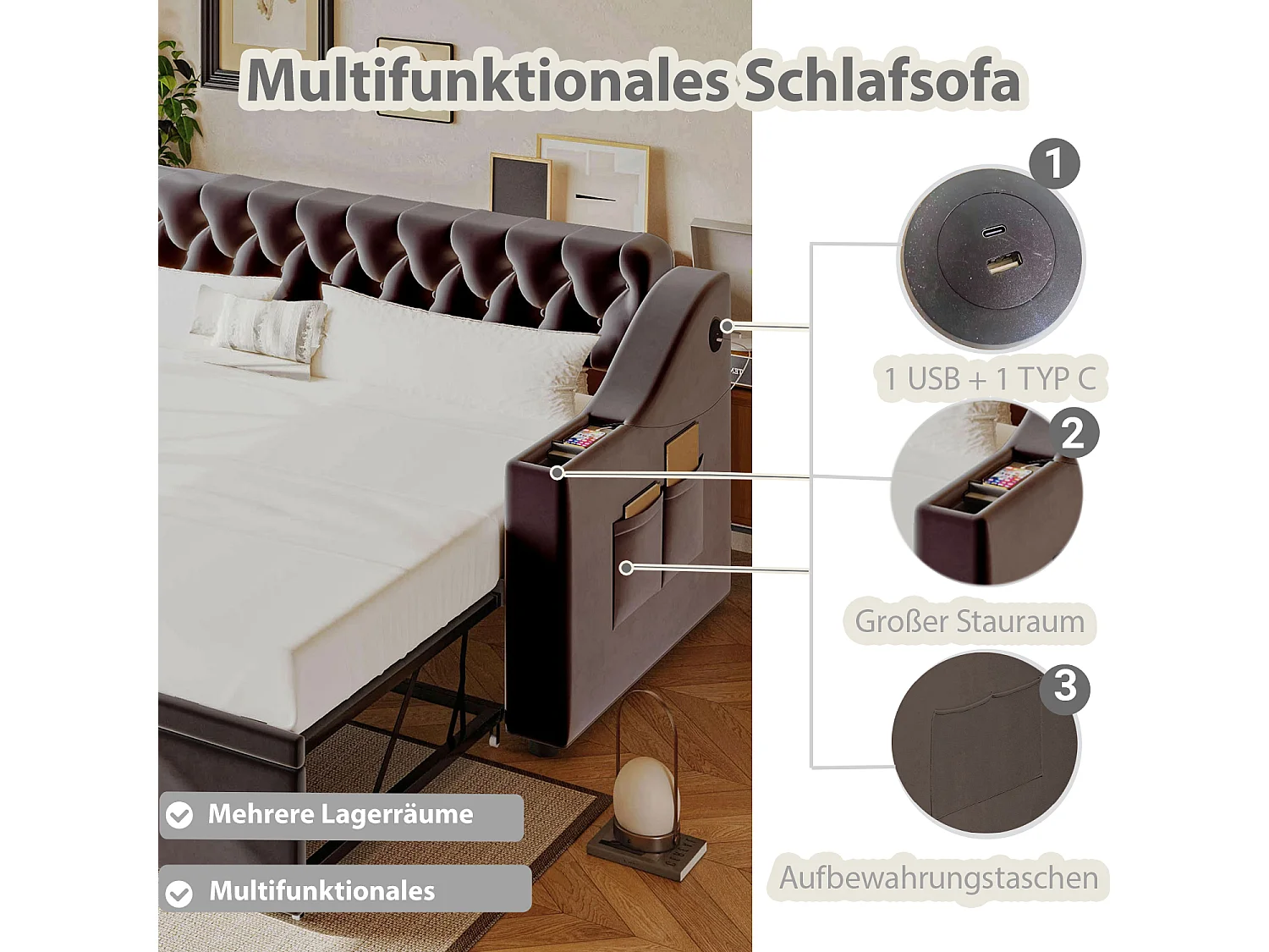 Divano letto estraibile - 90/180 x 190 cm con testiera - 2 tasche e presa USB - Velluto - Grigio