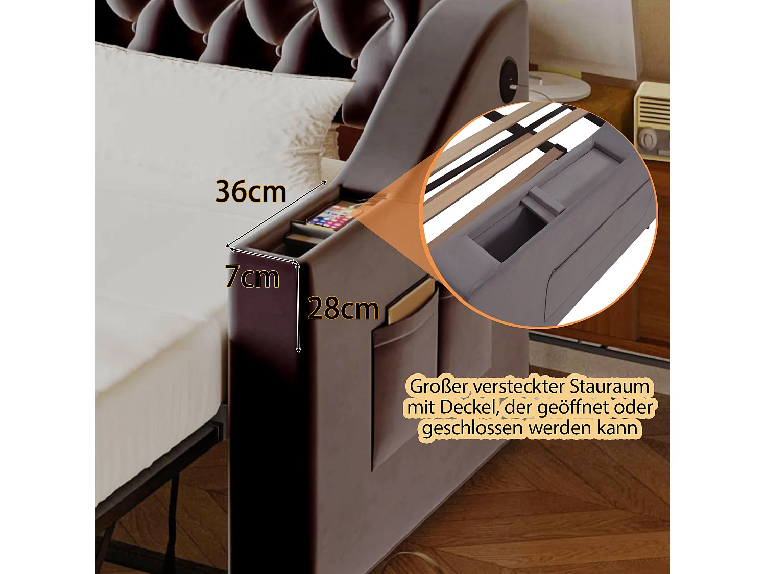 Divano letto estraibile - 90/180 x 190 cm con testiera - 2 tasche e presa USB - Velluto - Grigio