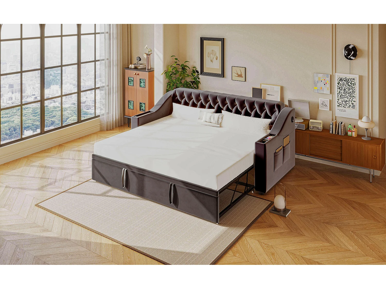 Divano letto estraibile - 90/180 x 190 cm con testiera - 2 tasche e presa USB - Velluto - Grigio